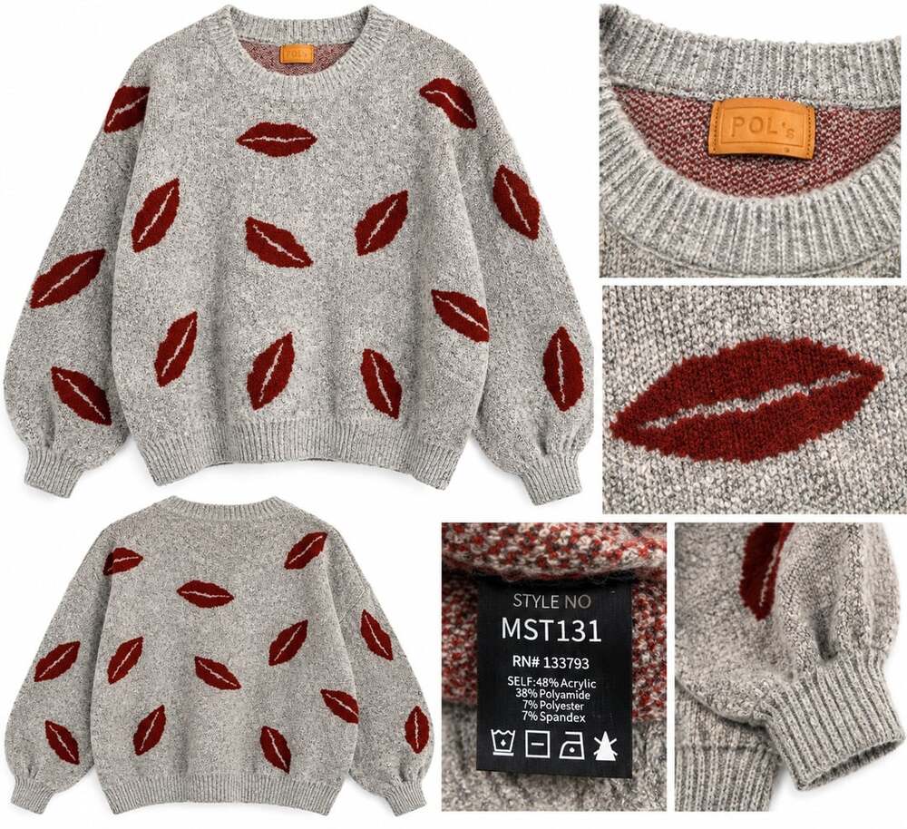 POL Lip Print Sweater Grey Red